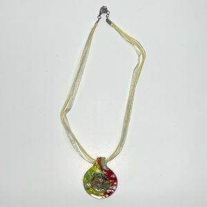 Venetian/Murano Glass Colorful Necklace with a green ribbon From Italy